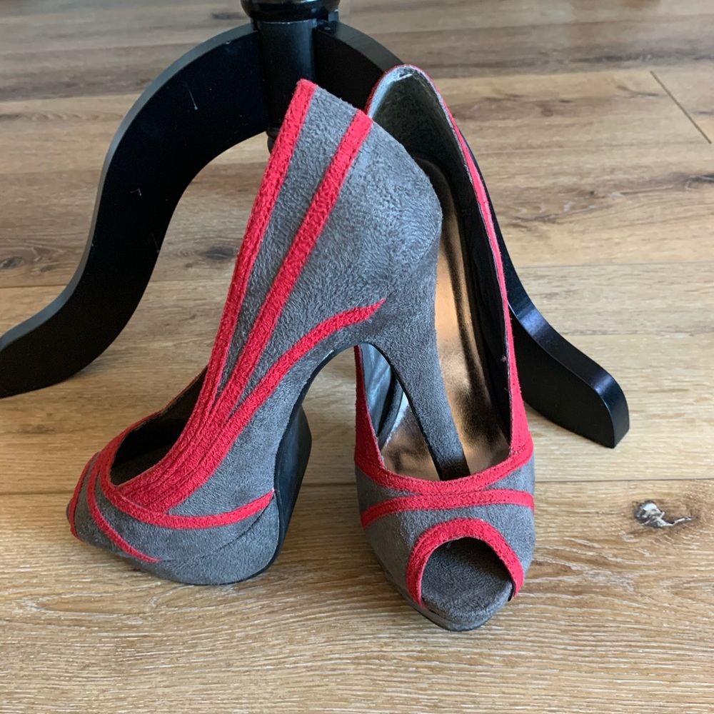 Grey and red suede heels. SZ 9
